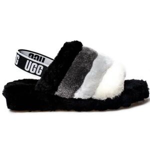 UGG Fluffy Black and Gray Slide Sandals